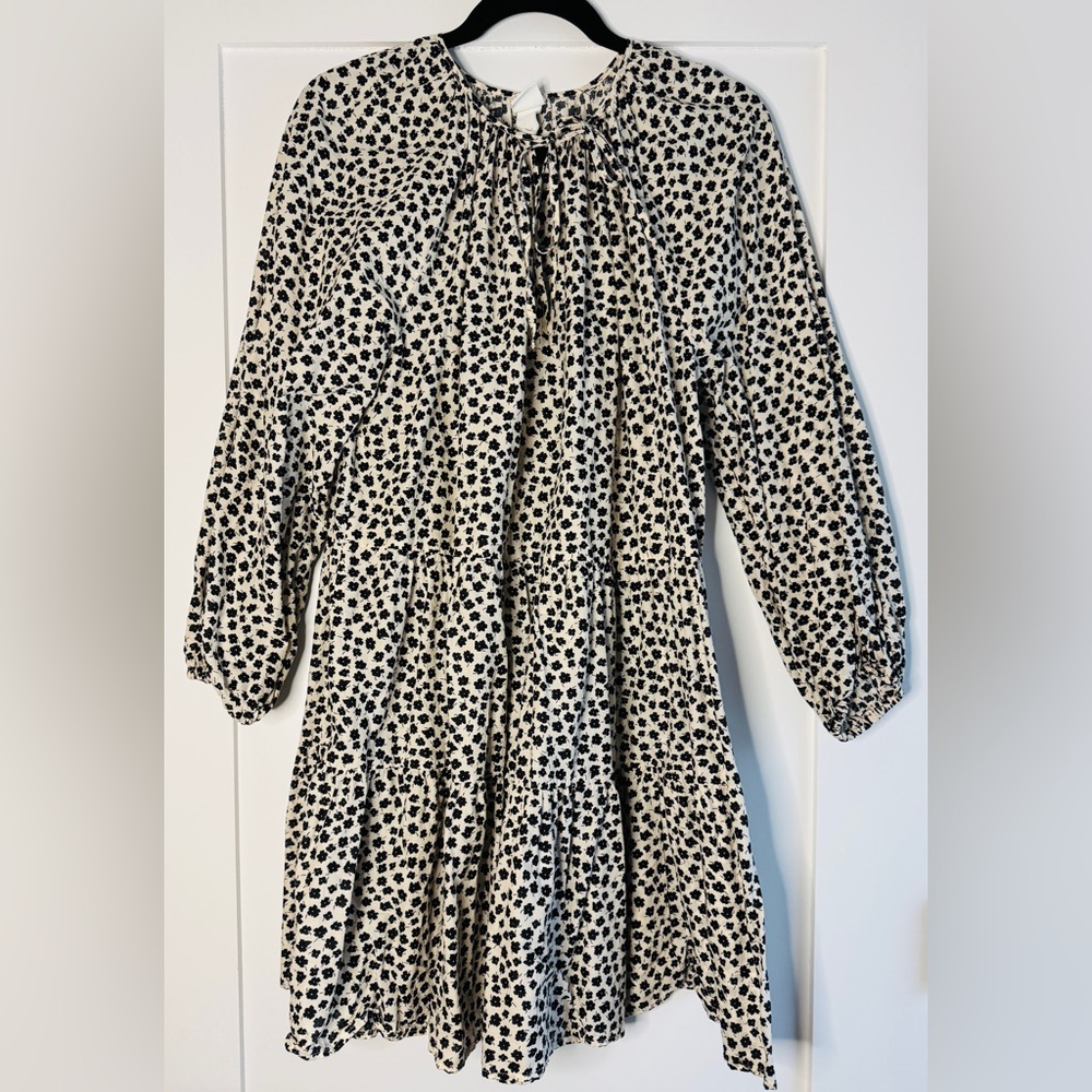 H&M Ditsy Floral Print Prairie Long Puff Sleeve Beige Black Cotton Dress Size M